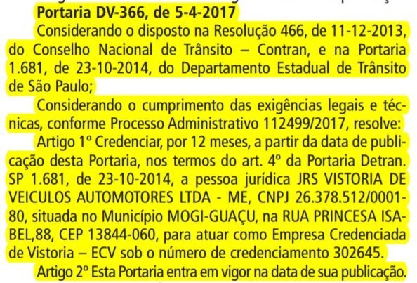 DETRAN/SP concede para franquia de Mogi Guaçu/SP portaria para atuar como ECV 